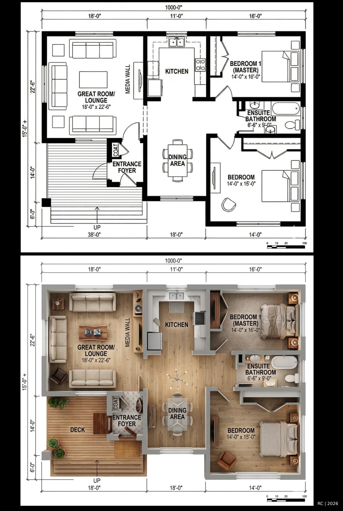 Vom 2D-Grundriss zur fotorealistischen 3D-Raumgestaltung mit KI – warmer Einrichtungsstil