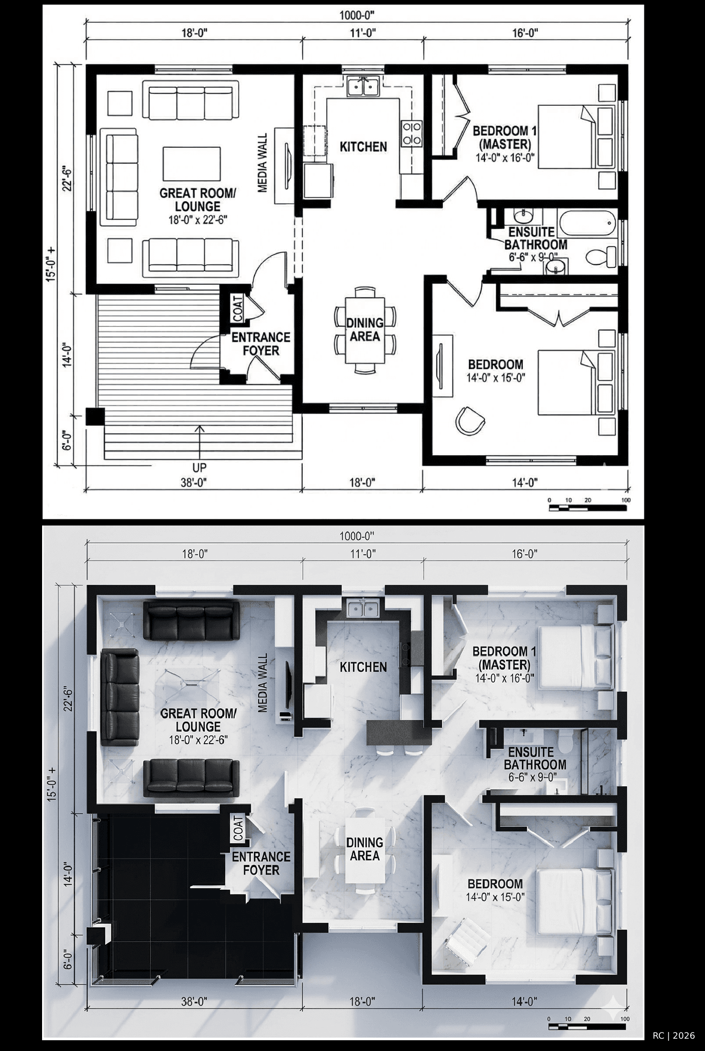 Vom 2D-Grundriss zur 3D-Visualisierung – moderner Einrichtungsstil mit KI